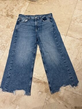 American Eagle Super High Rise Baggy Wide Leg Raw Hem Jeans 12 XSHORT- EUC